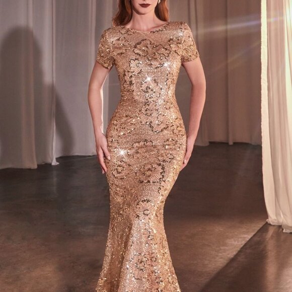 Short sleeve formal dress.Mother of the bride/groom rose gold party fitted gown - Picture 1 of 6